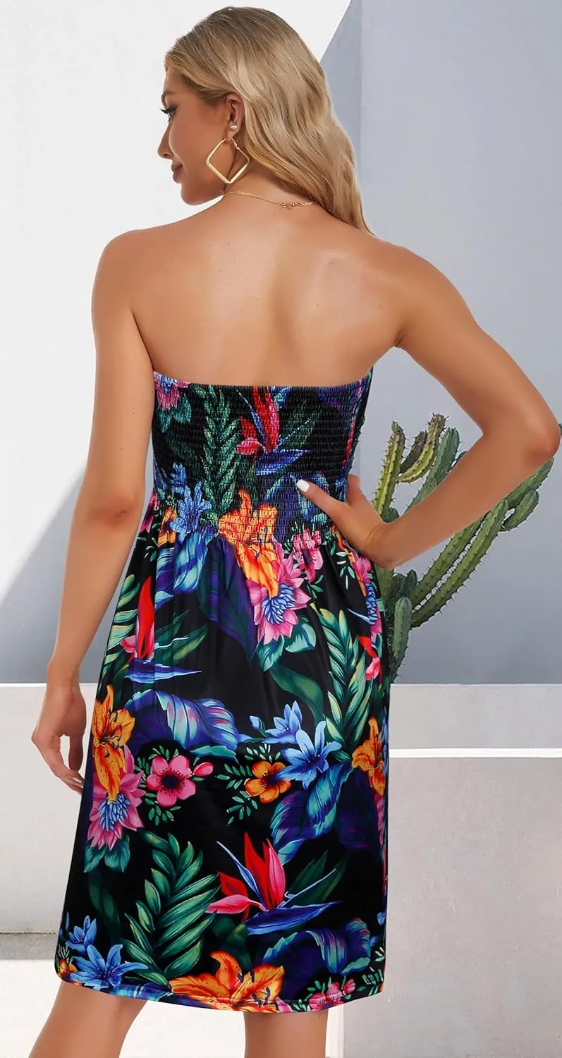 Comeon Women Off Shoulder Strapless Sleeveless Tube Top Dress Floral Summer Beach Coverup Flowy Midi Dress