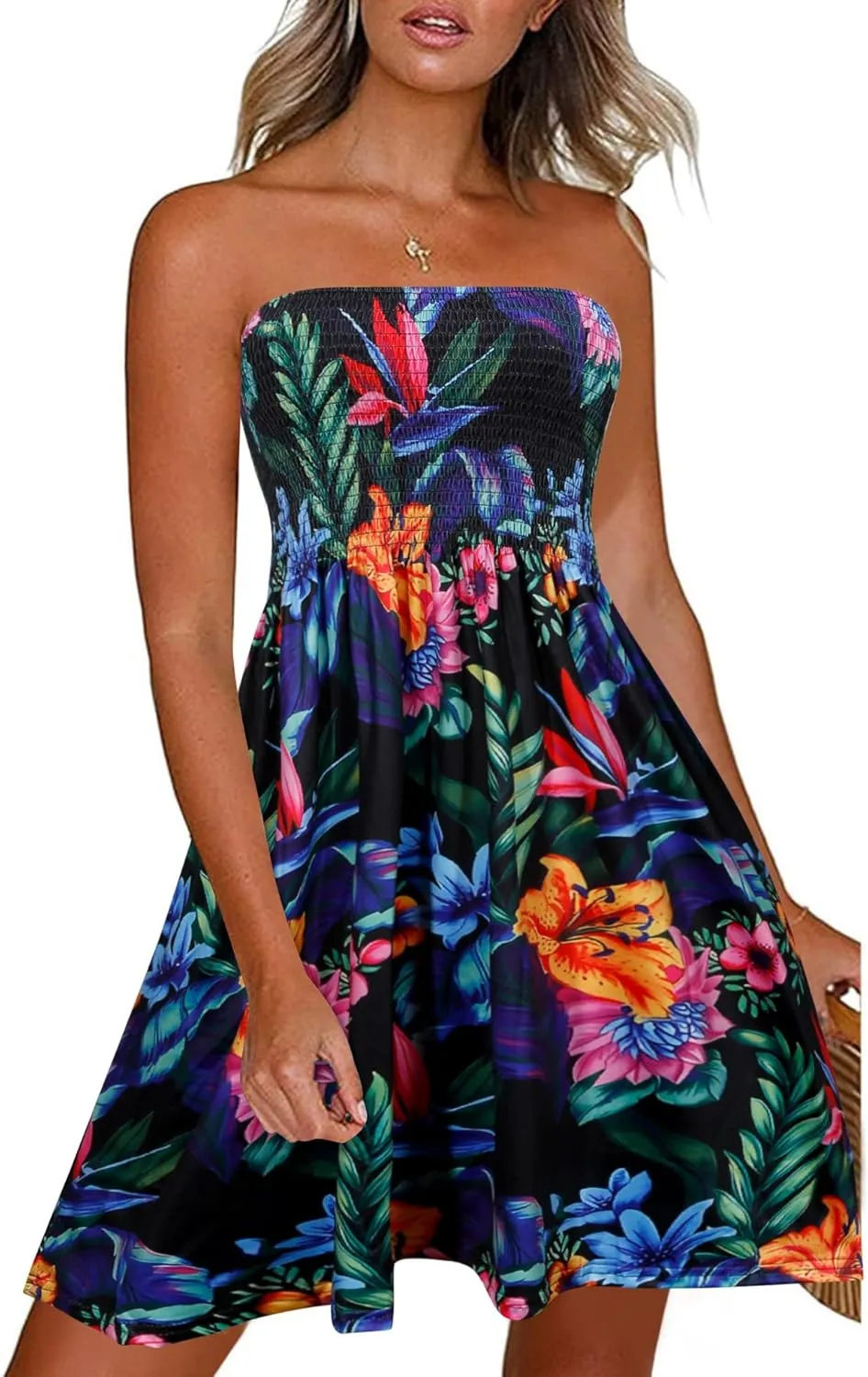 Comeon Women Off Shoulder Strapless Sleeveless Tube Top Dress Floral Summer Beach Coverup Flowy Midi Dress