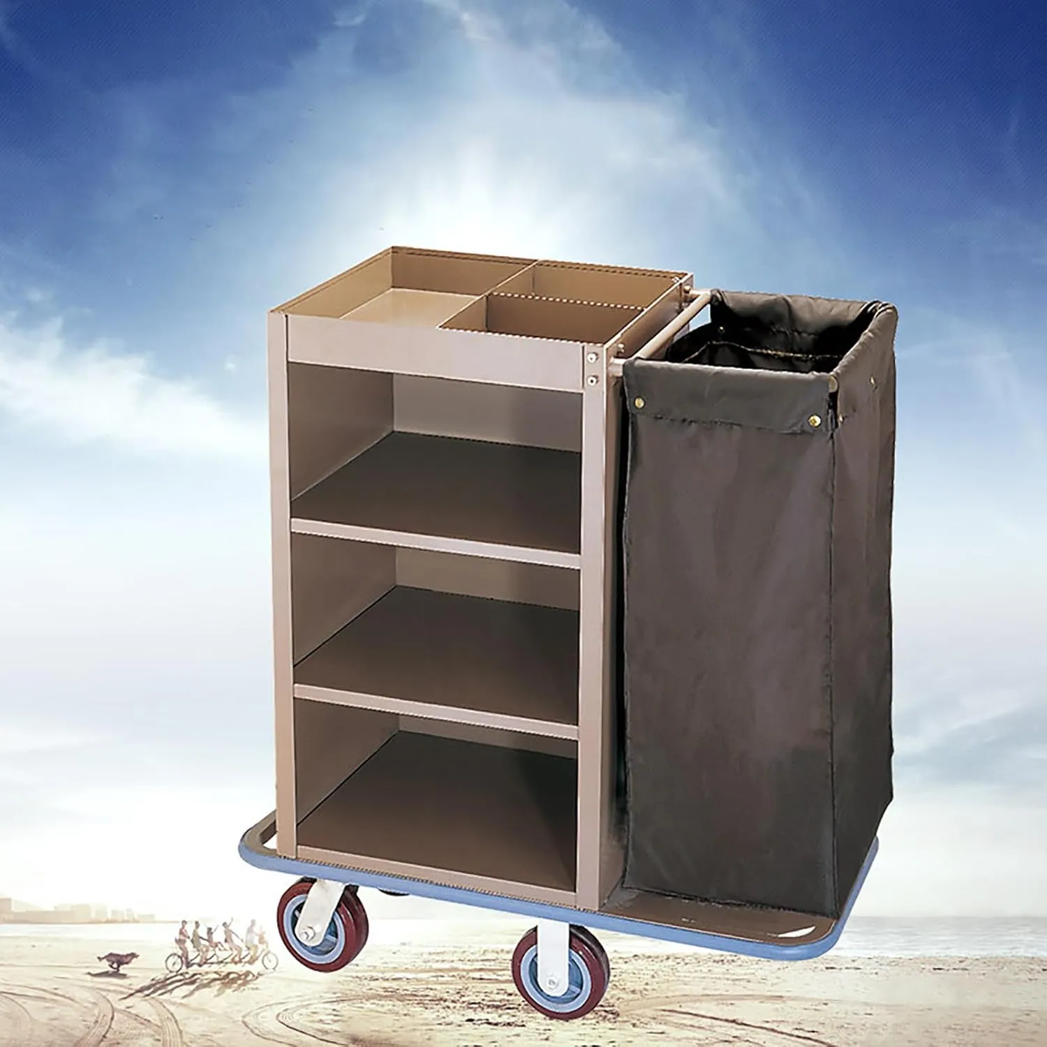 Commercial Traditional Janitorial 3-Shelf Cleaning Cart, Wheeled with Bag, for Business/School/Office/Janitorial Cleaning,Brown