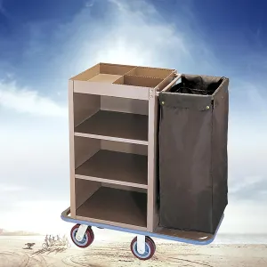 Commercial Traditional Janitorial 3-Shelf Cleaning Cart, Wheeled with Bag, for Business/School/Office/Janitorial Cleaning,Brown