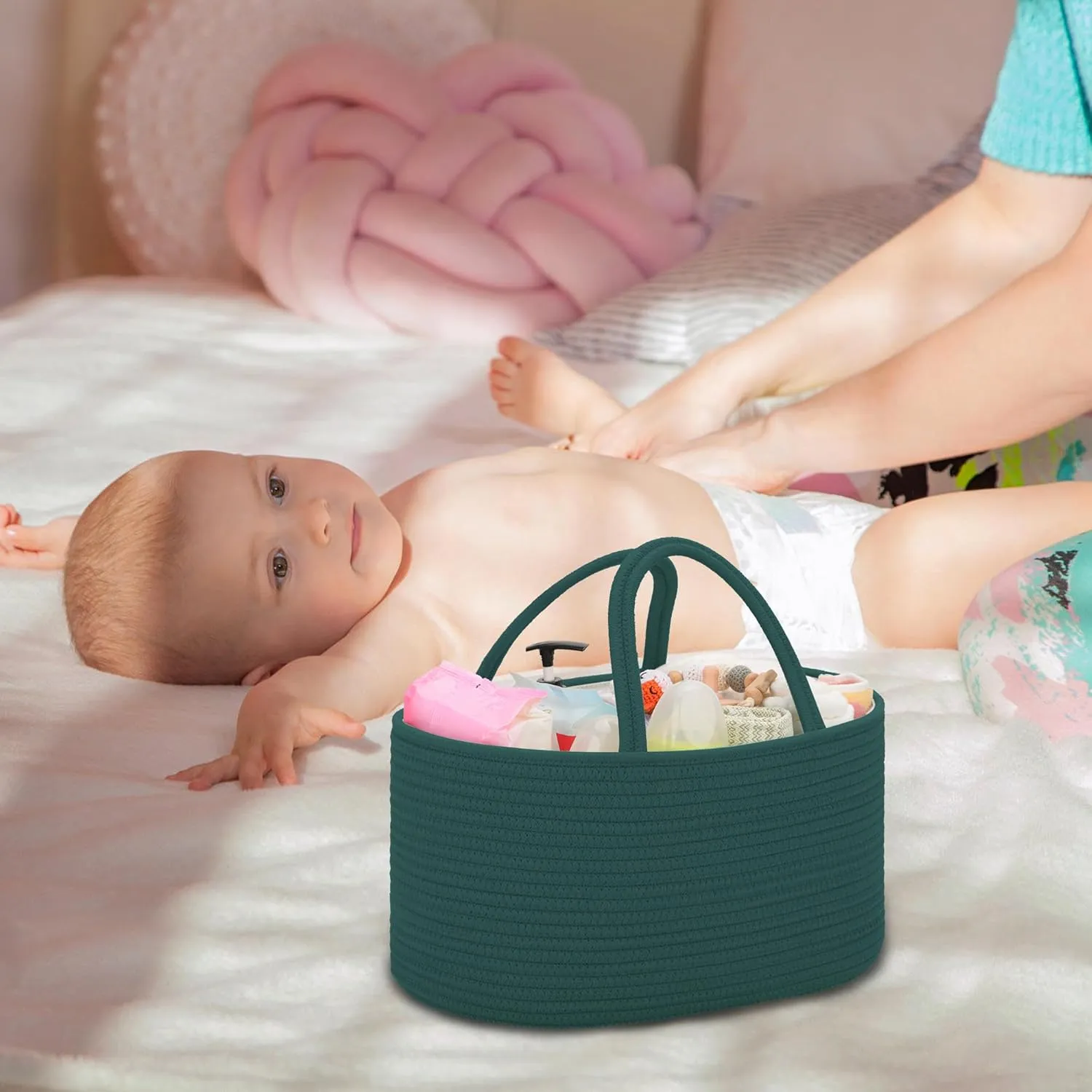 COMSE Baby Diaper Caddy Organizer, Car Caddy, Diaper Change Organizer, Gift Baskets Empty, Portable Tote Bag with Divider, Baby Shower Gifts Newborn Essentials Registry Must Have, Dark Green
