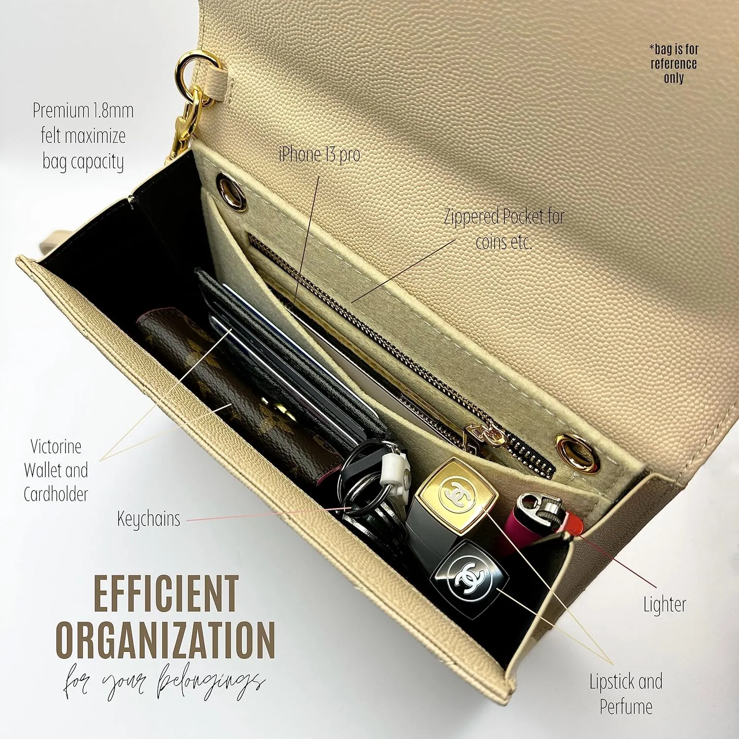 Conversion Kit compatible with Monogram Clutch, Insert with 120cm - 47" inches Premium Gold Chain, Wristlet Insert Wallet on Chain (Black)