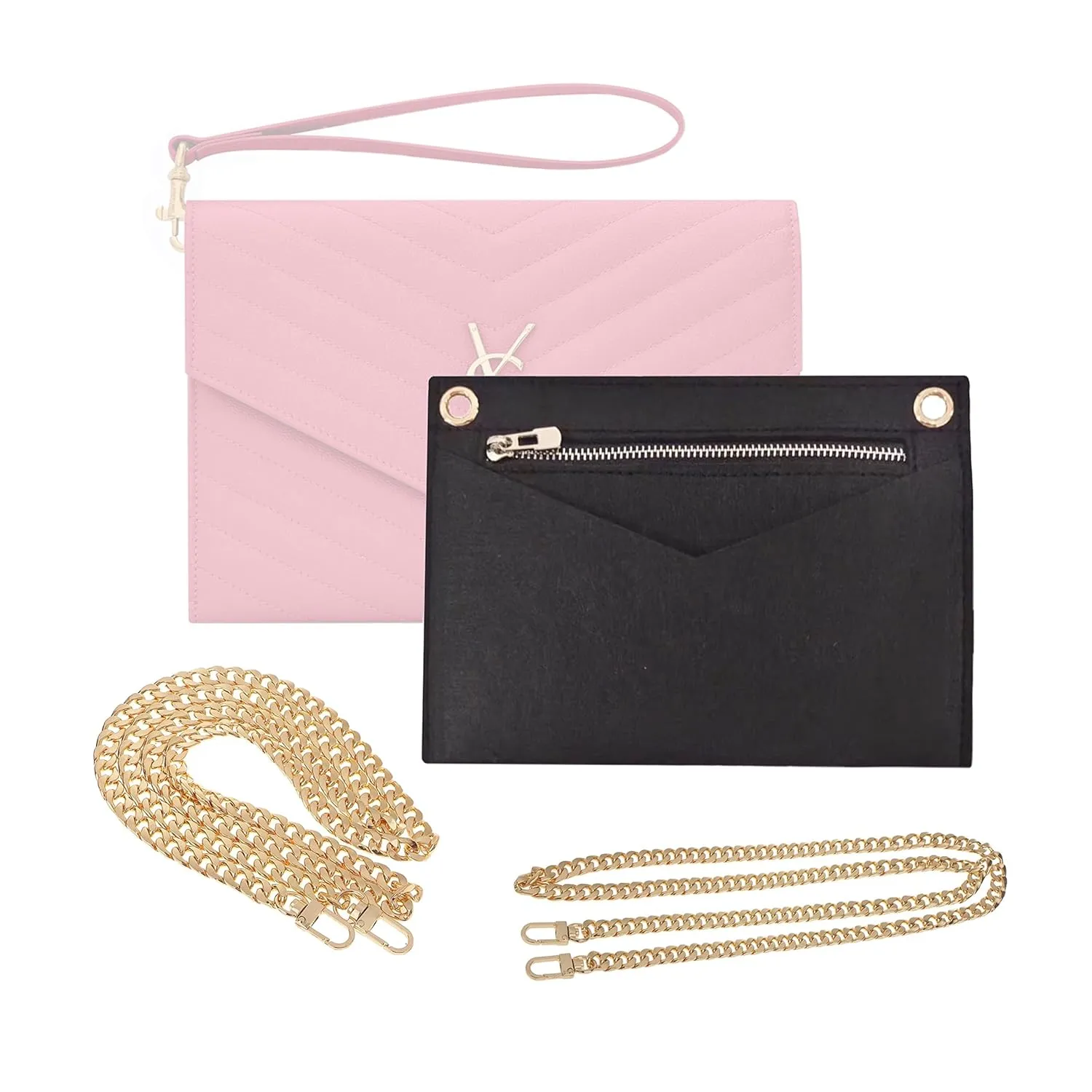 Conversion Kit compatible with Monogram Clutch, Insert with 120cm - 47" inches Premium Gold Chain, Wristlet Insert Wallet on Chain (Black)