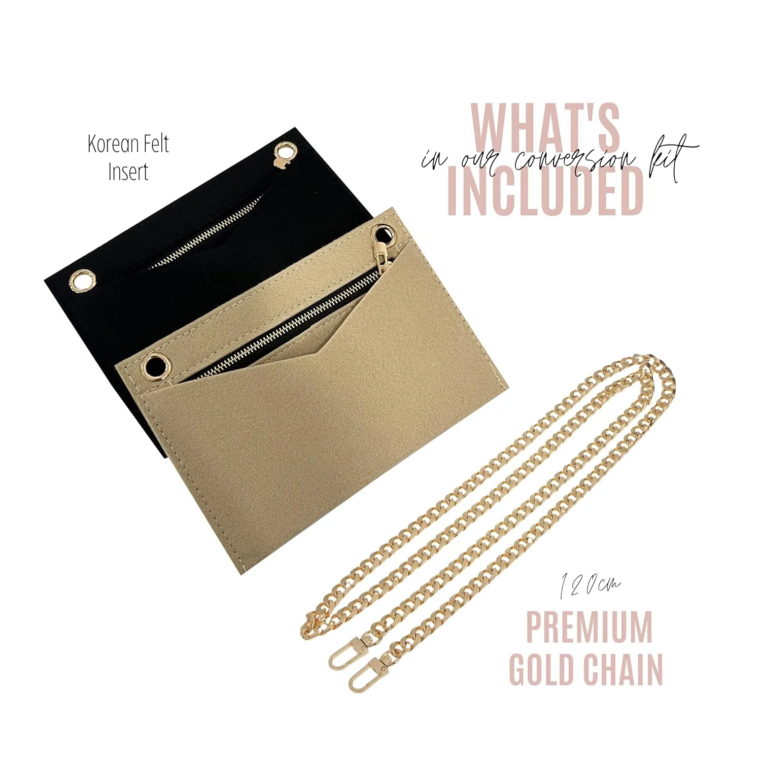 Conversion Kit compatible with Monogram Clutch, Insert with 120cm - 47" inches Premium Gold Chain, Wristlet Insert Wallet on Chain (Black)