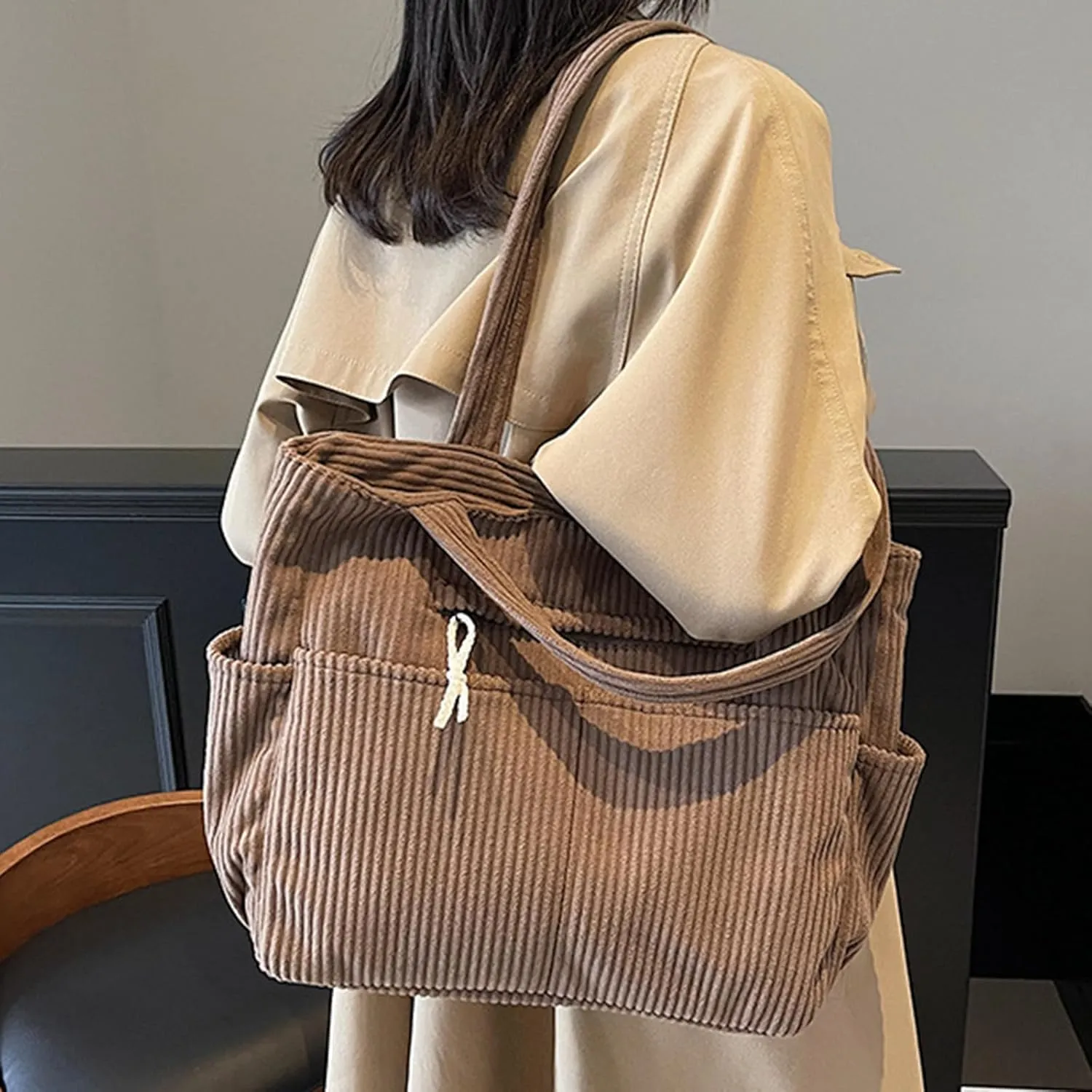 Corduroy Tote Bag for Women, Multiple Pockets Large Hobo Shoulder Bag for Office & Shopping, Zipper Casual Handbags