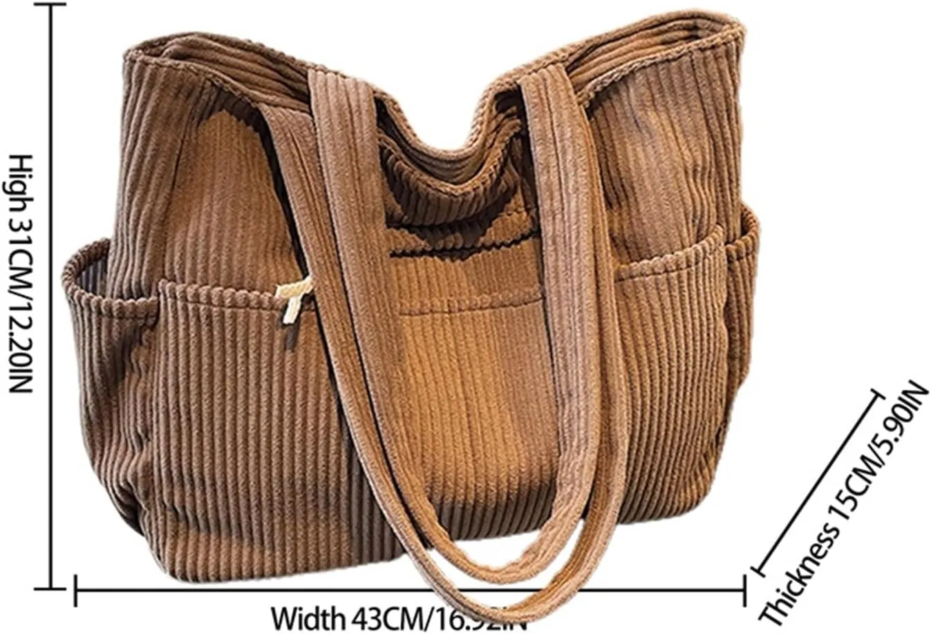 Corduroy Tote Bag for Women, Multiple Pockets Large Hobo Shoulder Bag for Office & Shopping, Zipper Casual Handbags