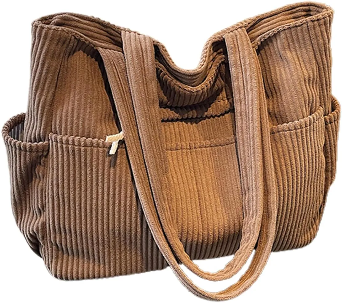 Corduroy Tote Bag for Women, Multiple Pockets Large Hobo Shoulder Bag for Office & Shopping, Zipper Casual Handbags