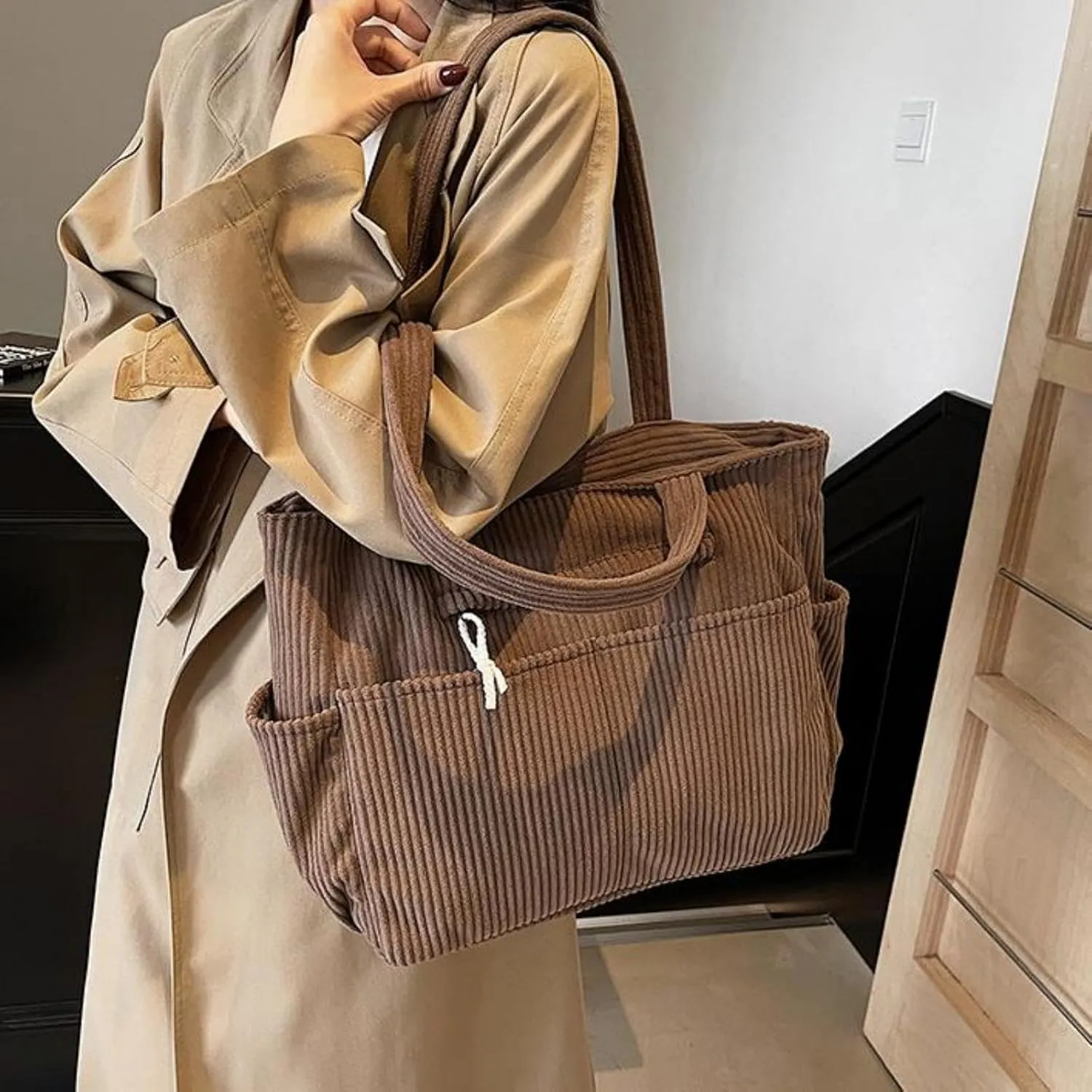 Corduroy Tote Bag for Women, Multiple Pockets Large Hobo Shoulder Bag for Office & Shopping, Zipper Casual Handbags