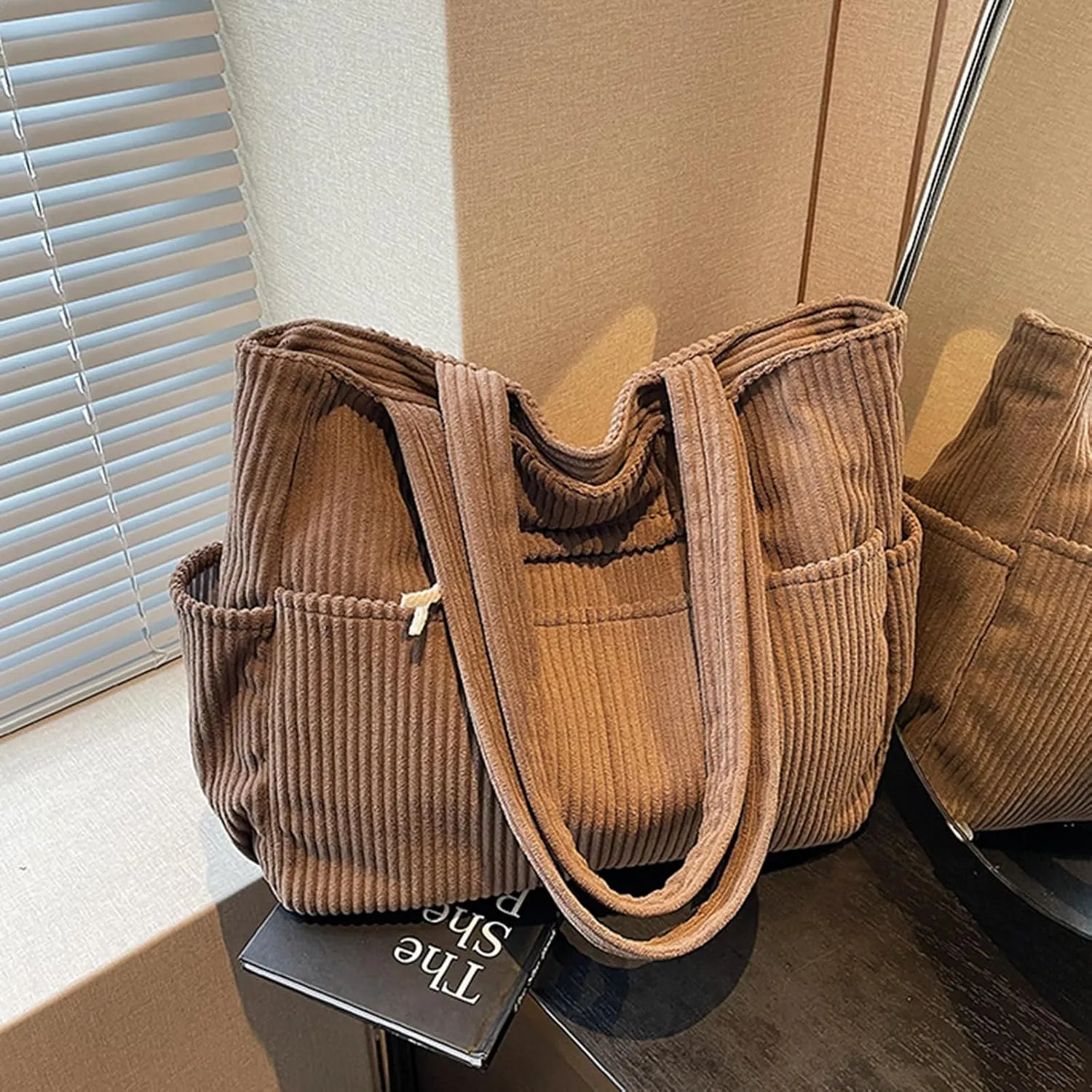 Corduroy Tote Bag for Women, Multiple Pockets Large Hobo Shoulder Bag for Office & Shopping, Zipper Casual Handbags