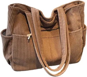 Corduroy Tote Bag for Women, Multiple Pockets Large Hobo Shoulder Bag for Office & Shopping, Zipper Casual Handbags