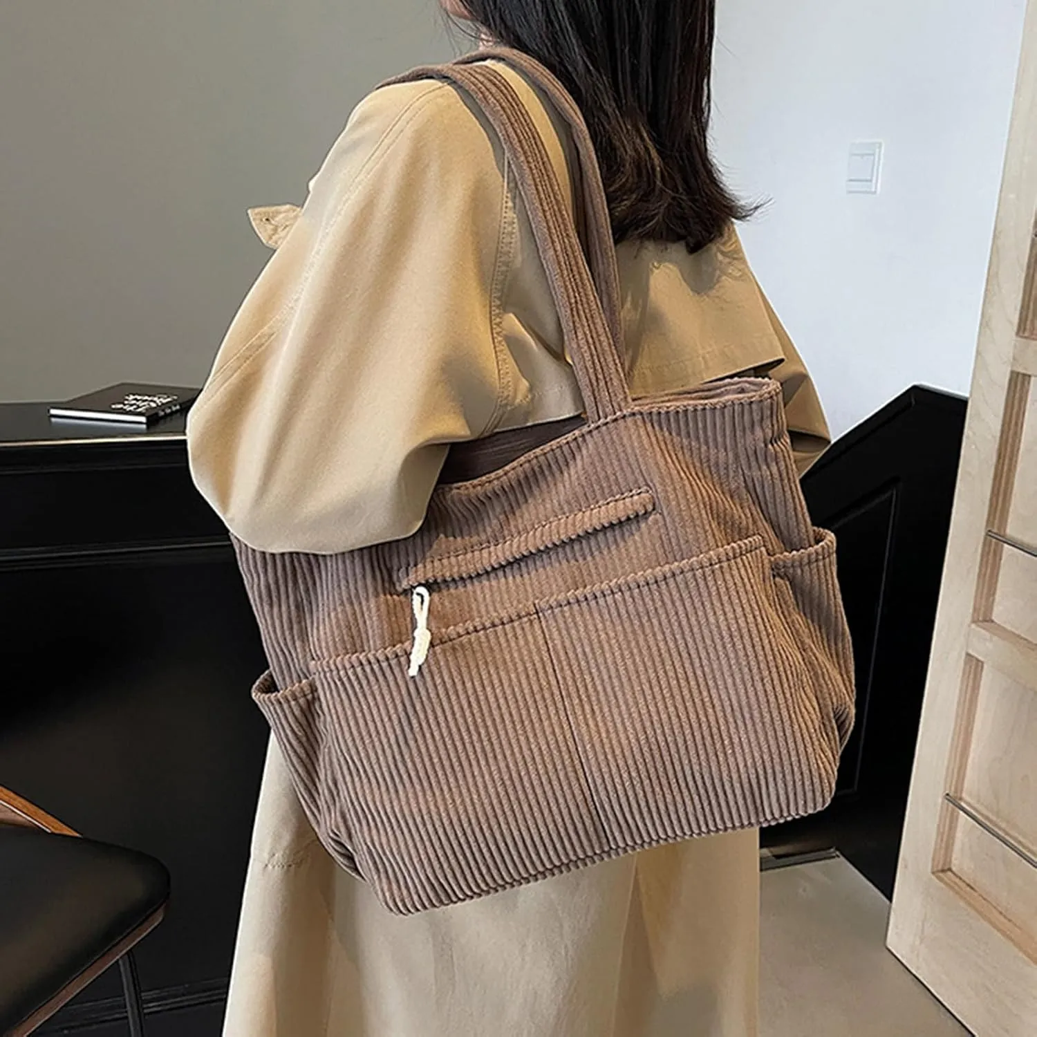 Corduroy Tote Bag for Women, Multiple Pockets Large Hobo Shoulder Bag for Office & Shopping, Zipper Casual Handbags