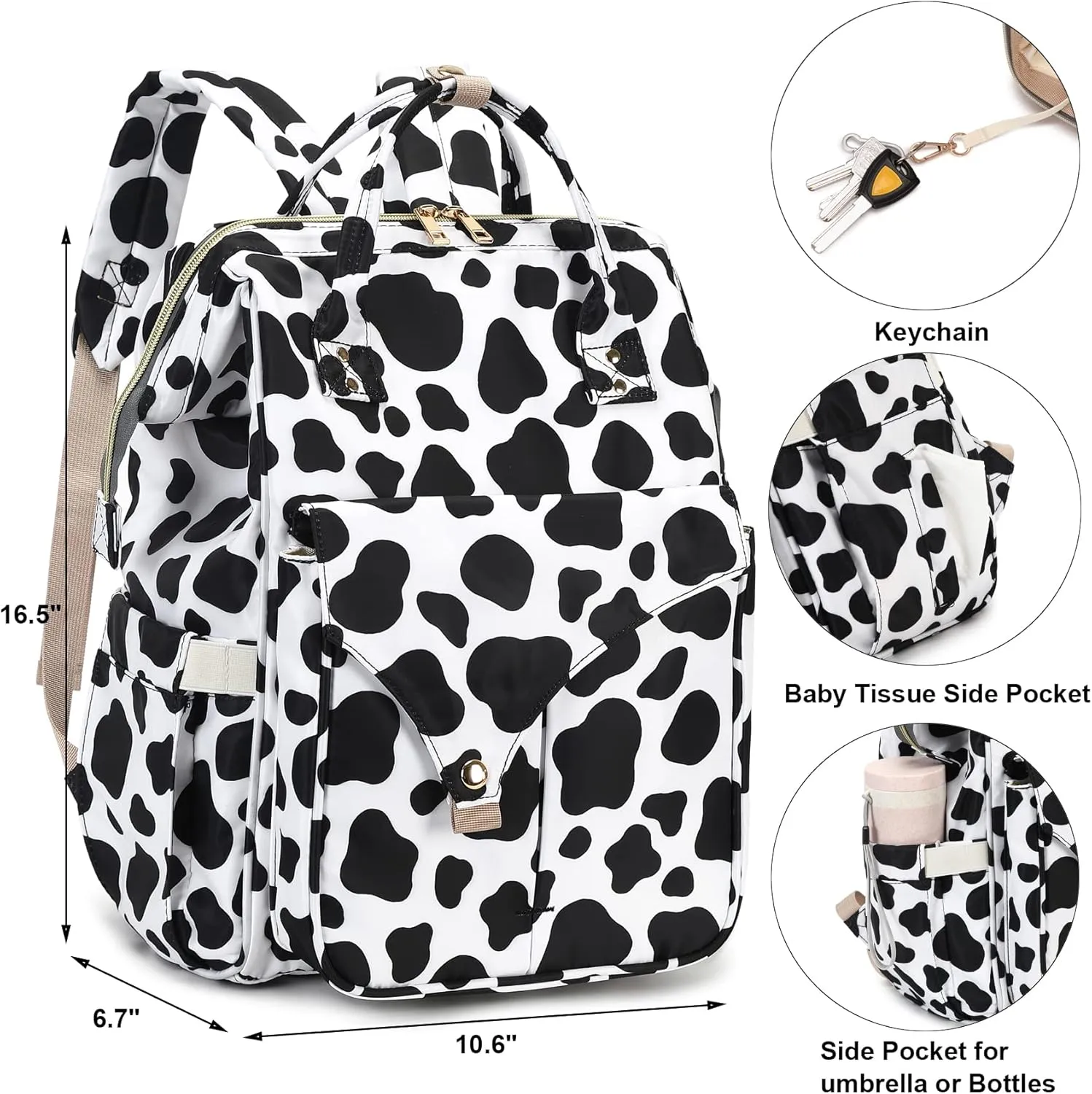 Cow Print Diaper Bag Backpack for Baby Girls Boys, Large Capacity Multifunction Waterproof Maternity Mom Nappy Bags with Stroller Straps