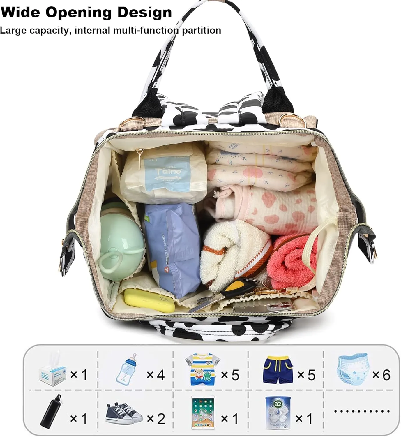 Cow Print Diaper Bag Backpack for Baby Girls Boys, Large Capacity Multifunction Waterproof Maternity Mom Nappy Bags with Stroller Straps