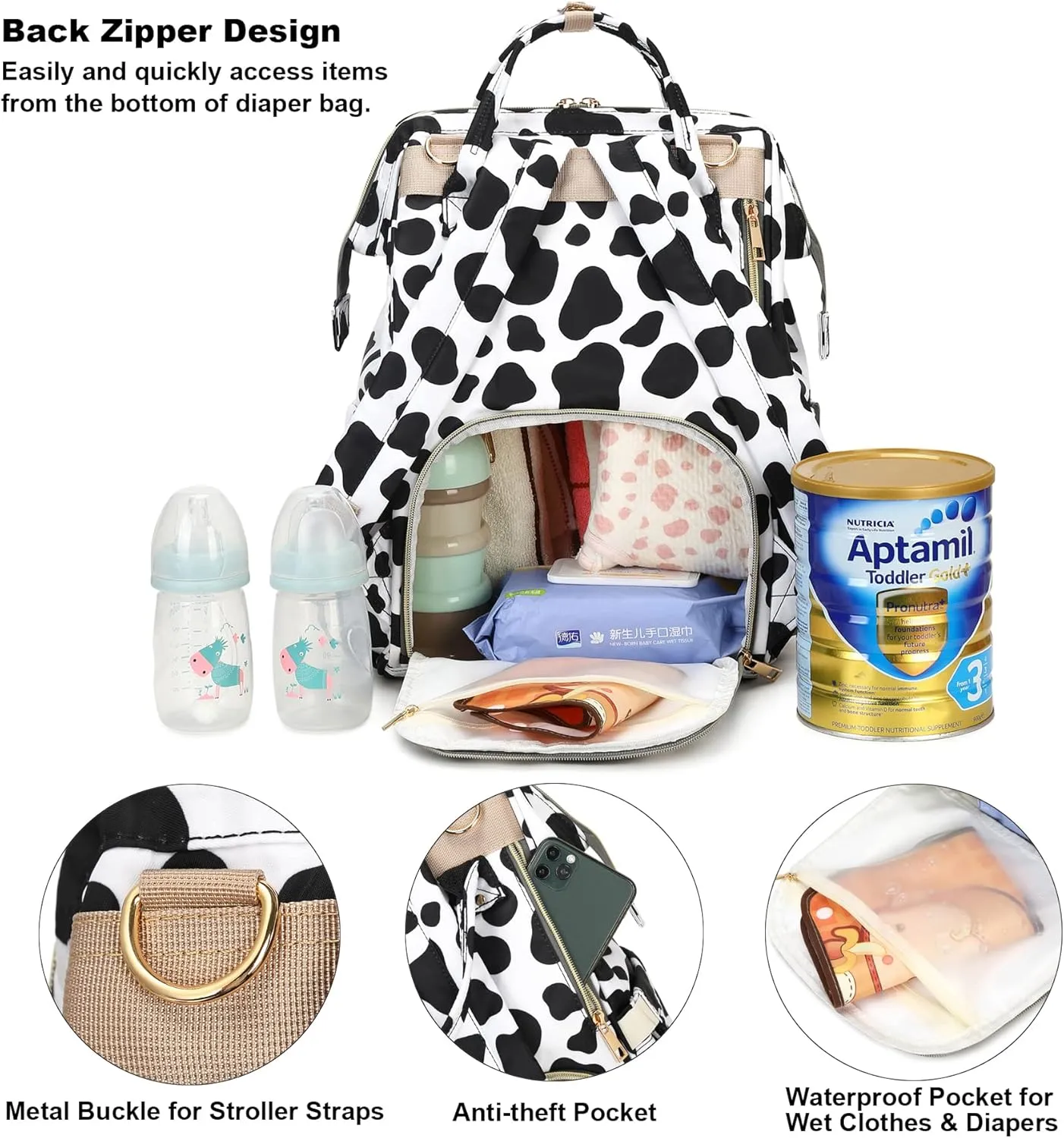 Cow Print Diaper Bag Backpack for Baby Girls Boys, Large Capacity Multifunction Waterproof Maternity Mom Nappy Bags with Stroller Straps