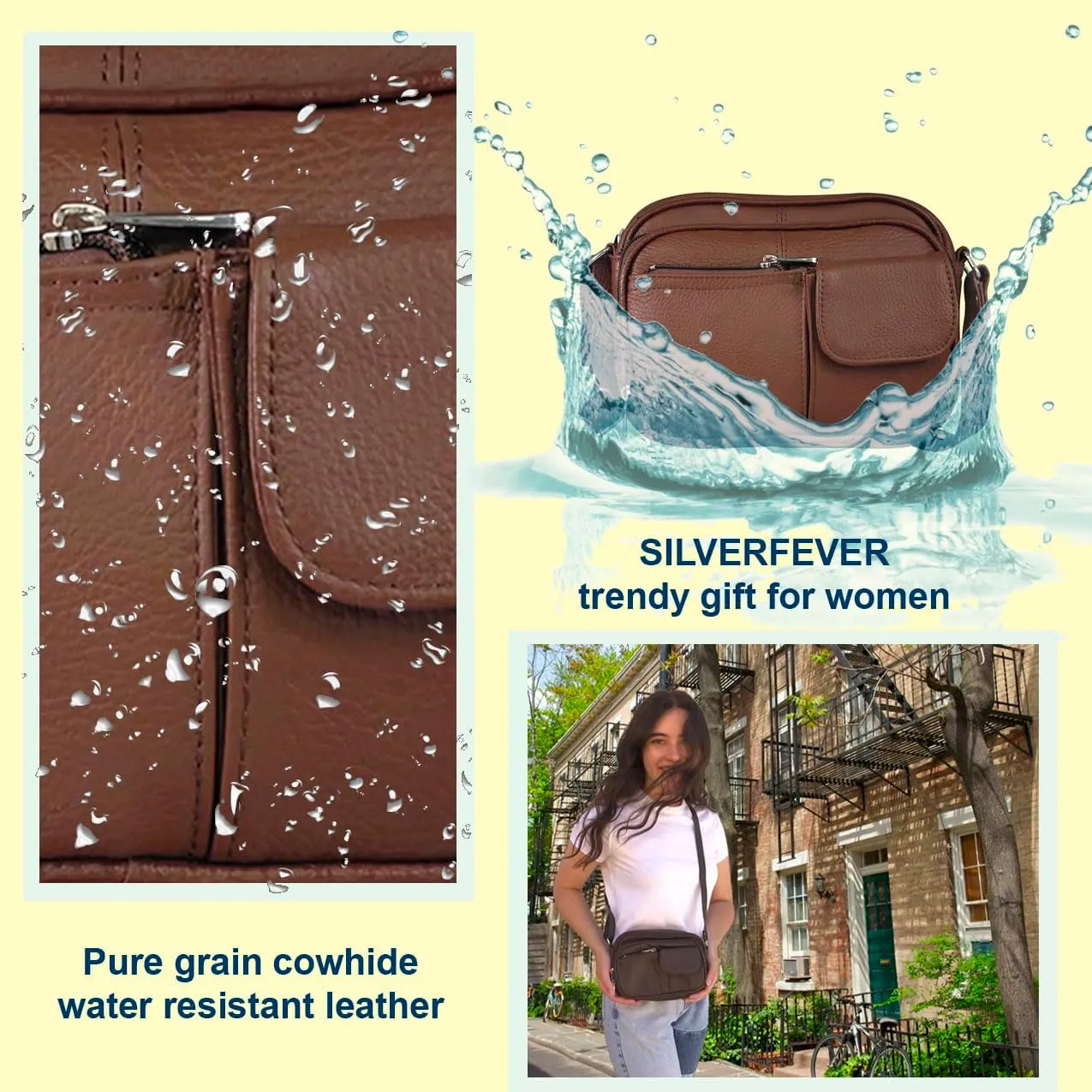 Cowhide Leather Women's Shoulder Purse Small Cross Body Organizer Bag with Many Pockets