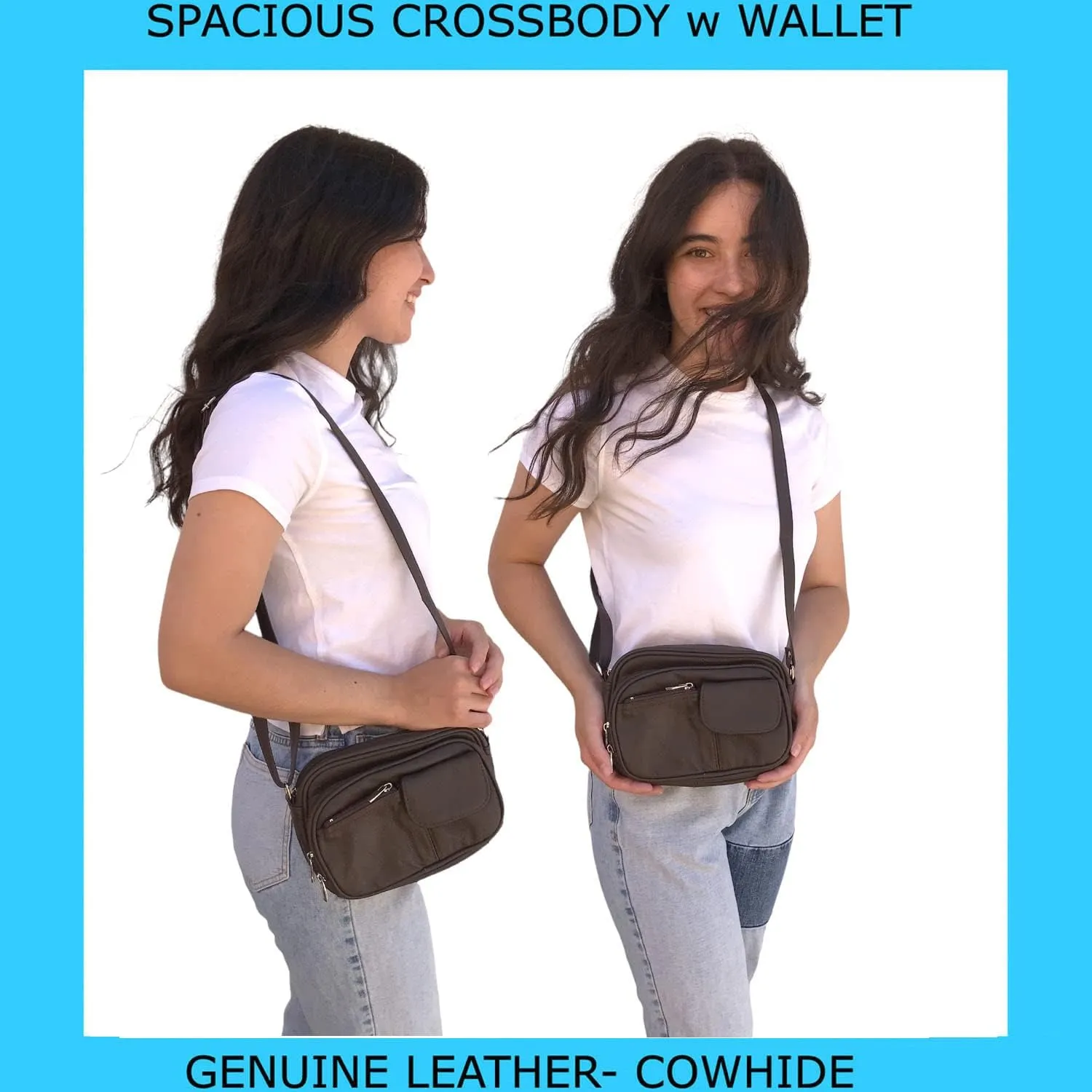 Cowhide Leather Women's Shoulder Purse Small Cross Body Organizer Bag with Many Pockets