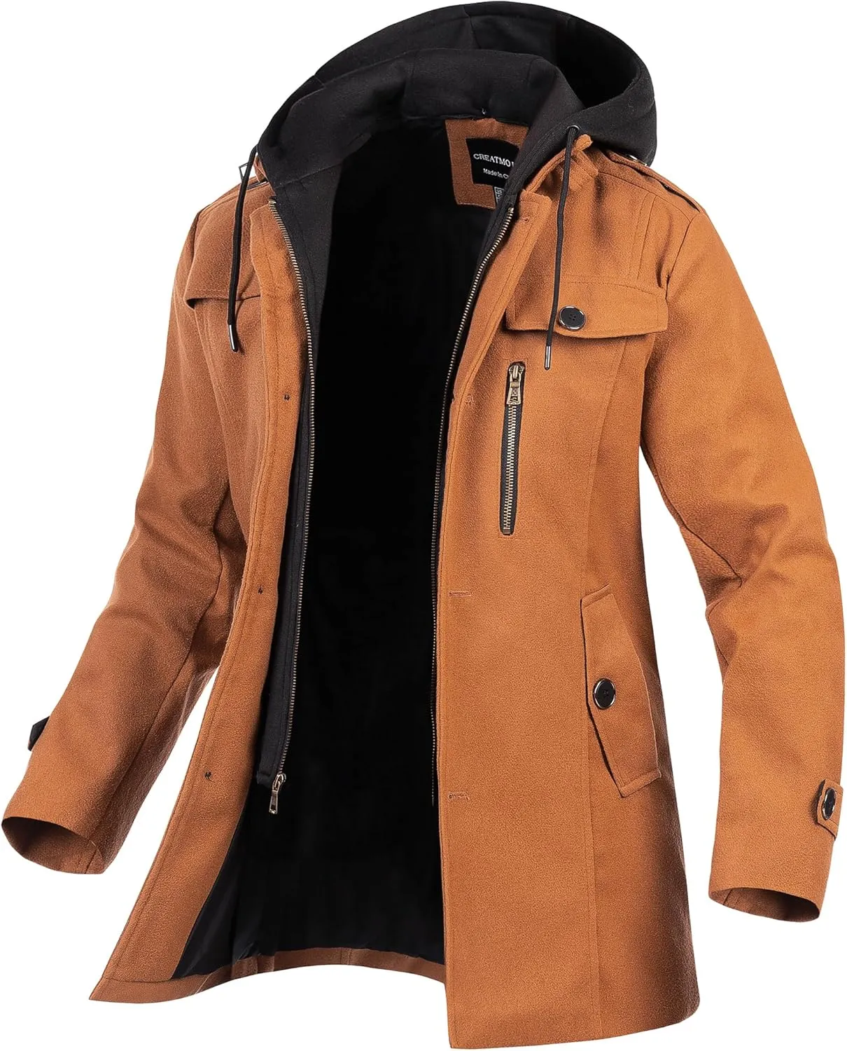 CREATMO US Men's Classic Pea Coat Wool Blend Trench Coat Windproof Business Overcoat With Detachable Hood