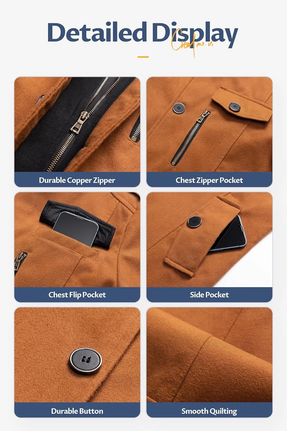 CREATMO US Men's Classic Pea Coat Wool Blend Trench Coat Windproof Business Overcoat With Detachable Hood