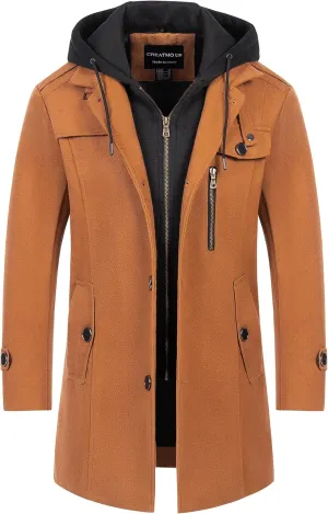 CREATMO US Men's Classic Pea Coat Wool Blend Trench Coat Windproof Business Overcoat With Detachable Hood