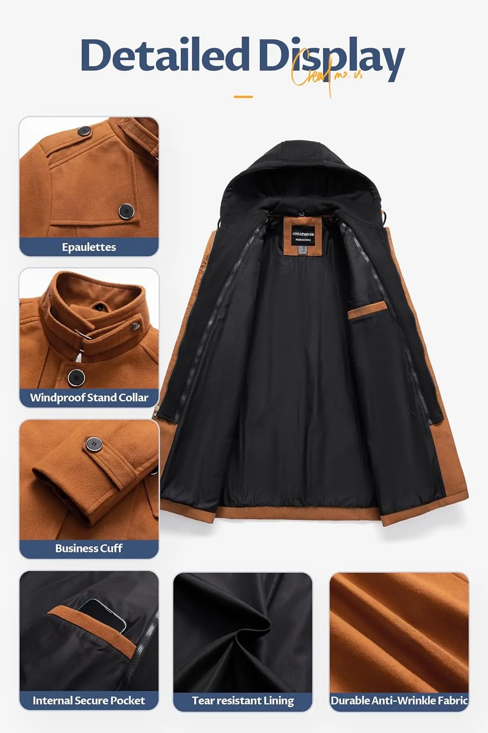 CREATMO US Men's Classic Pea Coat Wool Blend Trench Coat Windproof Business Overcoat With Detachable Hood