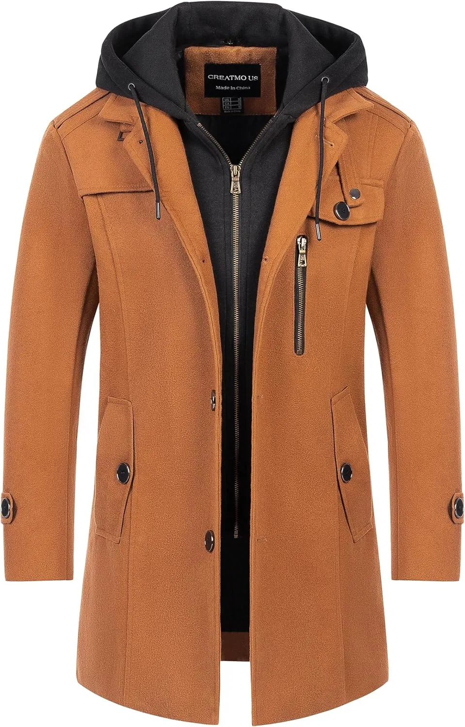 CREATMO US Men's Classic Pea Coat Wool Blend Trench Coat Windproof Business Overcoat With Detachable Hood