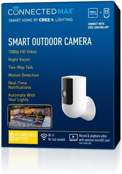 Cree Connected Max Smart Outdoor Camera, 1080P HD Smart Video Camera with Optional 24-7 Recording, Motion & Sound Detection, Weatherproof, Bluetooth   WiFi, 2.4 GHz, White, 1 Camera