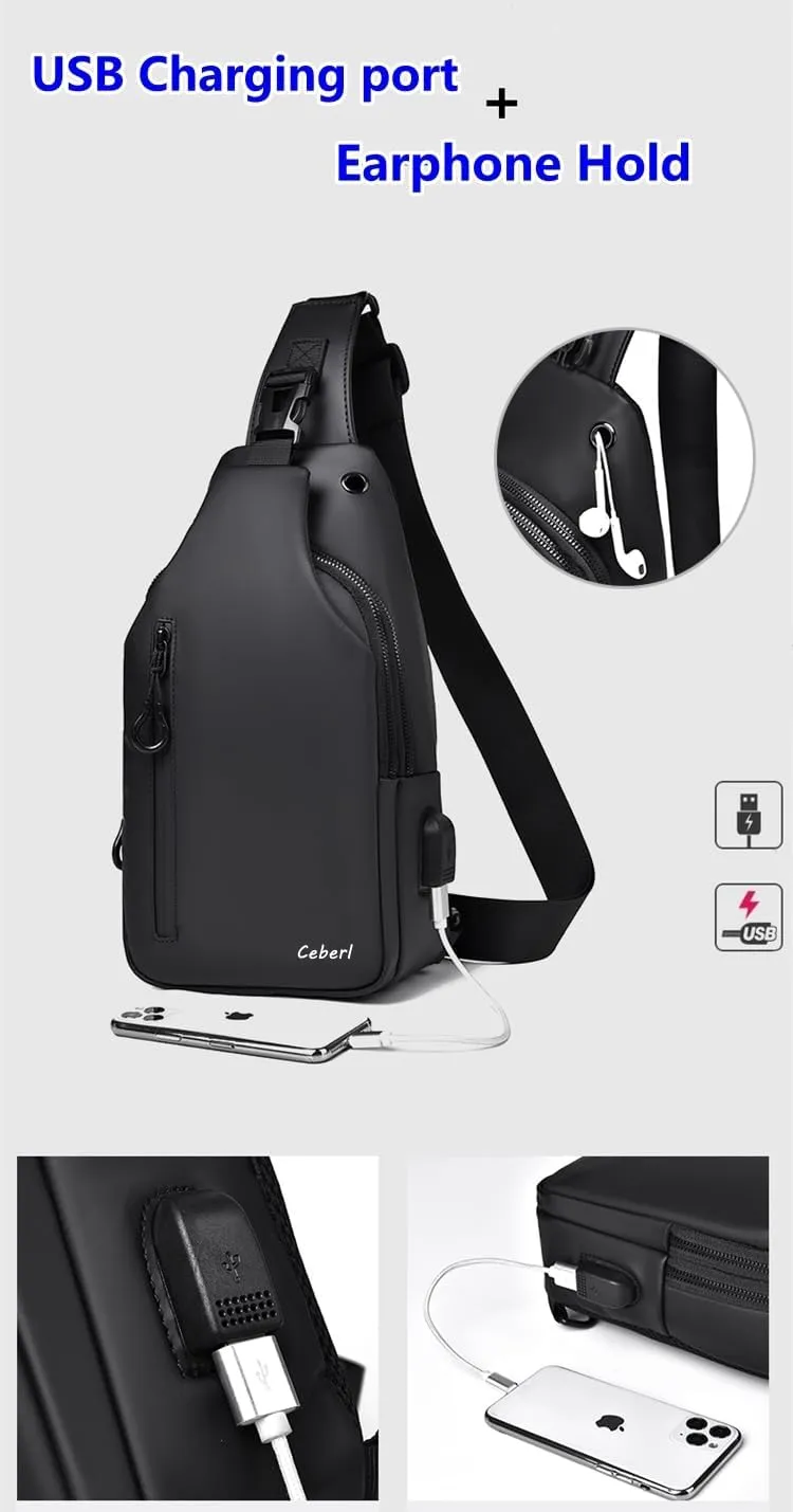 Crossbody Anti-Theft Sling Bag for Men Women,Casual Shoulder Backpack Waterproof Chest Daypack with USB Charging Hole (Black2)