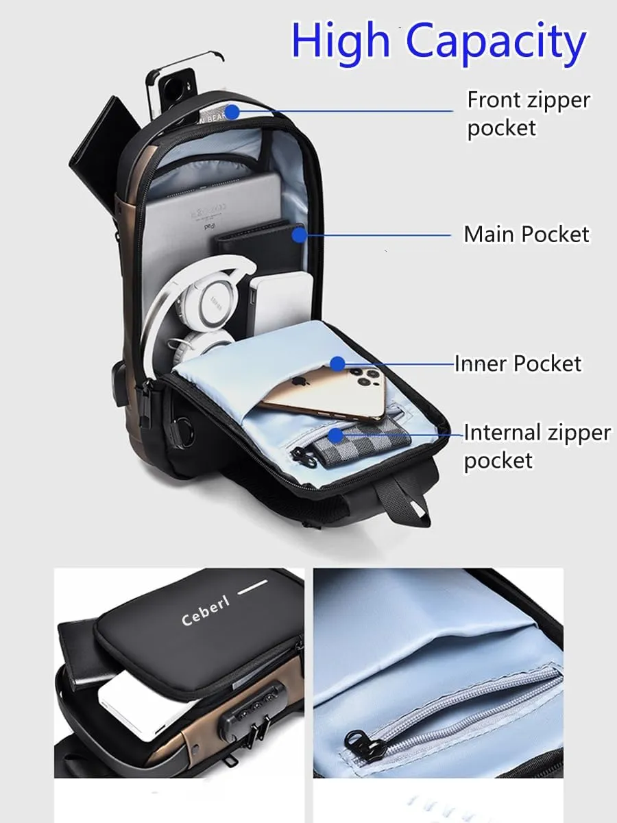 Crossbody Anti-Theft Sling Bag for Men Women,Casual Shoulder Backpack Waterproof Chest Daypack with USB Charging Hole (Black)