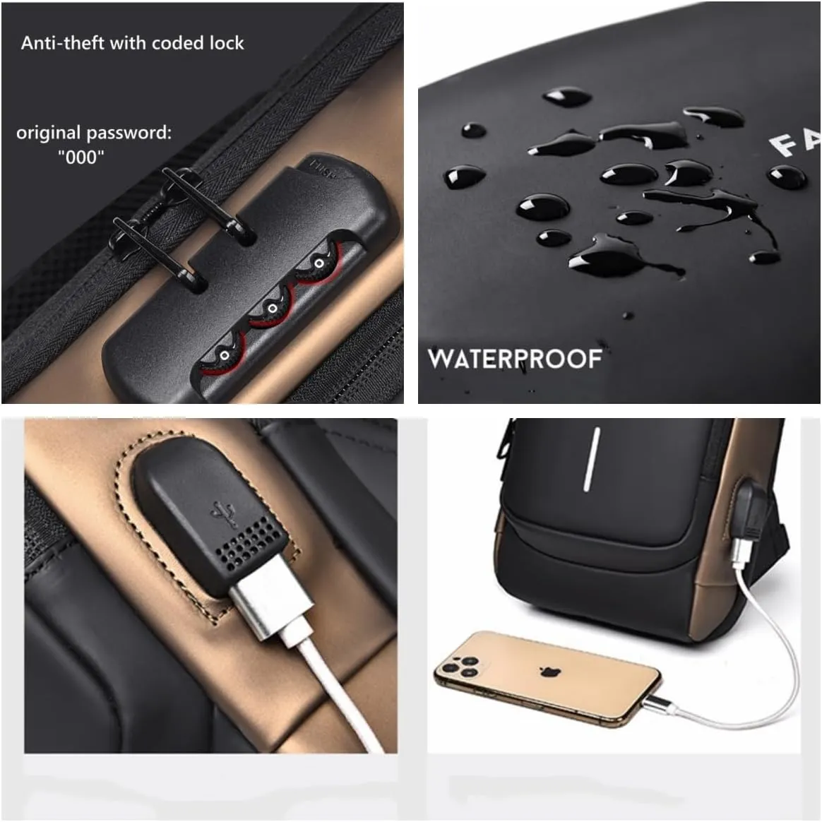 Crossbody Anti-Theft Sling Bag for Men Women,Casual Shoulder Backpack Waterproof Chest Daypack with USB Charging Hole (Black)