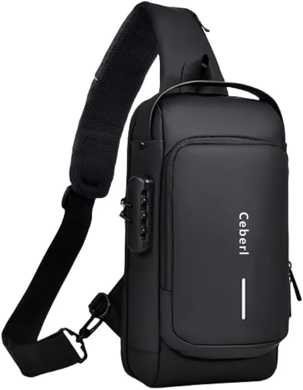 Crossbody Anti-Theft Sling Bag for Men Women,Casual Shoulder Backpack Waterproof Chest Daypack with USB Charging Hole (Black)