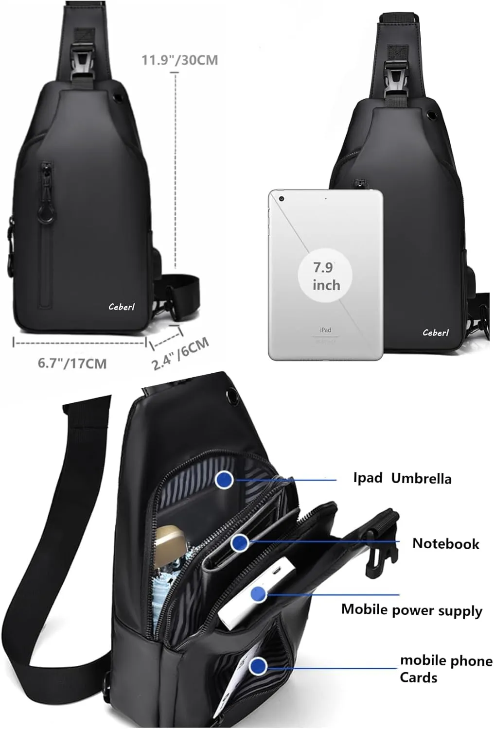 Crossbody Anti-Theft Sling Bag for Men Women,Casual Shoulder Backpack Waterproof Chest Daypack with USB Charging Hole (Blue)