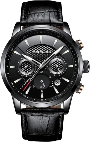 CRRJU Men's Business Casual Chronograph Quartz Waterproof Wristwatch Black Leather Strap