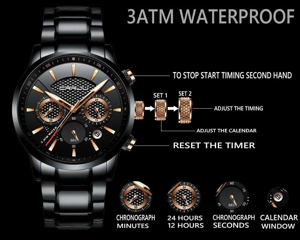CRRJU Men's Business Casual Chronograph Quartz Waterproof Wristwatch Black Leather Strap