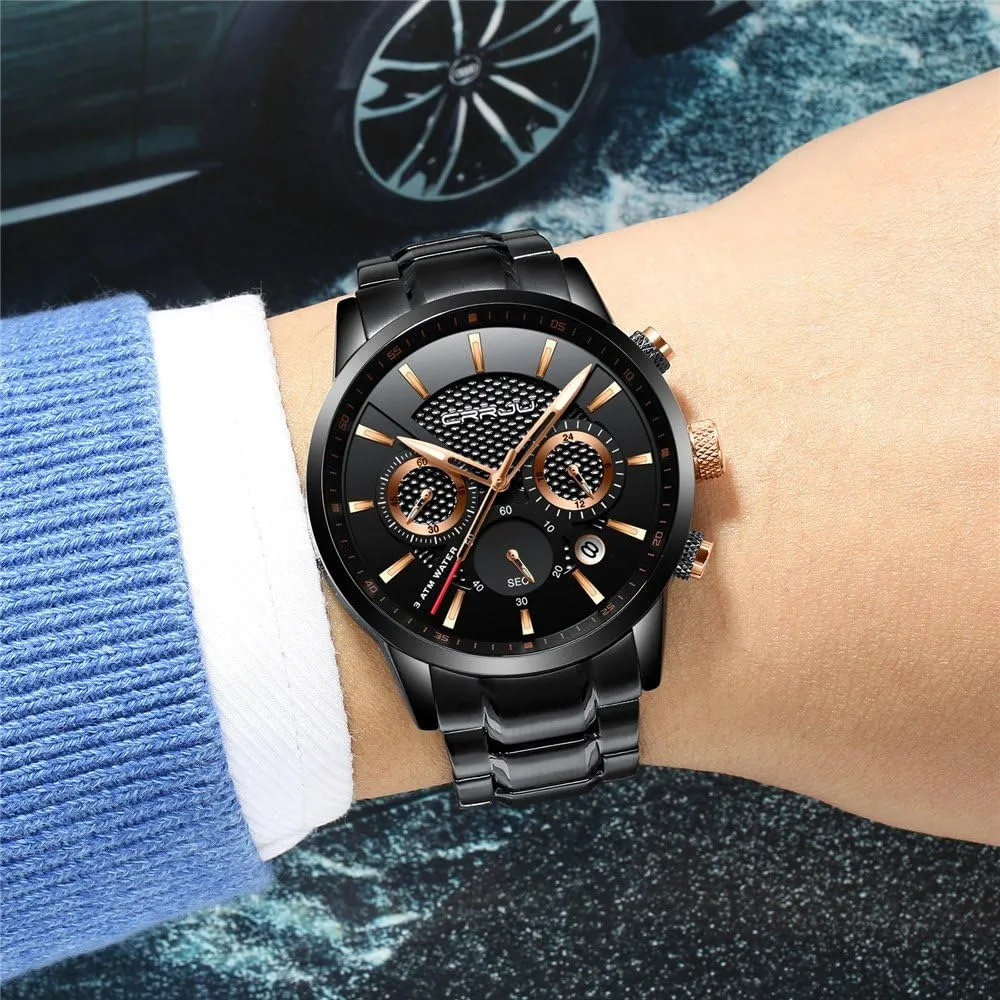 CRRJU Men's Business Casual Chronograph Quartz Waterproof Wristwatch Black Leather Strap