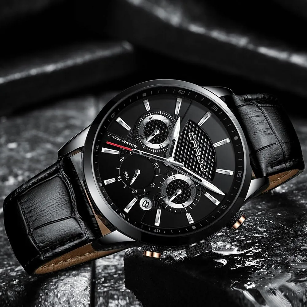 CRRJU Men's Business Casual Chronograph Quartz Waterproof Wristwatch Black Leather Strap
