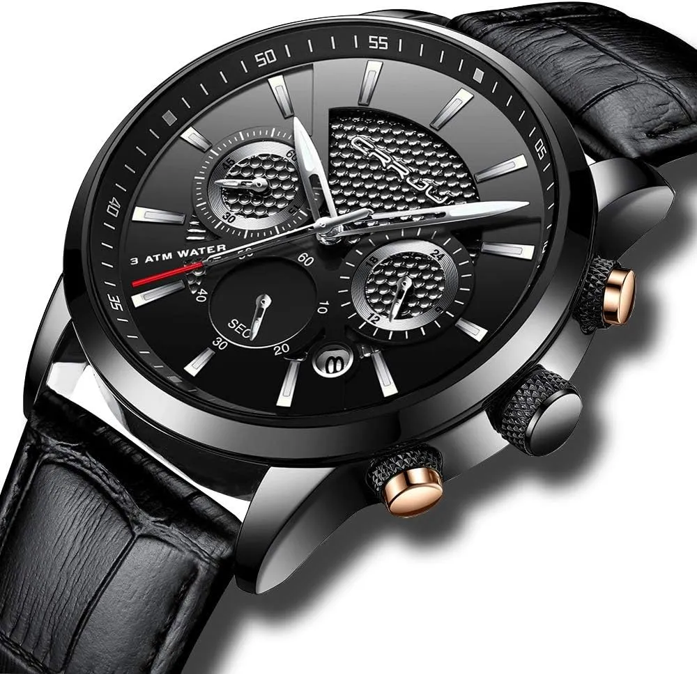 CRRJU Men's Business Casual Chronograph Quartz Waterproof Wristwatch Black Leather Strap