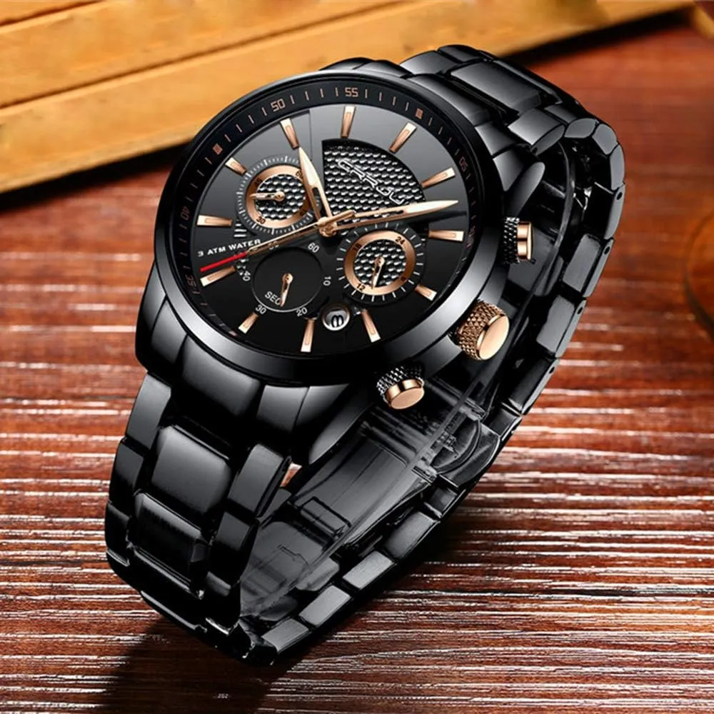 CRRJU Men's Business Casual Chronograph Quartz Waterproof Wristwatch Black Leather Strap