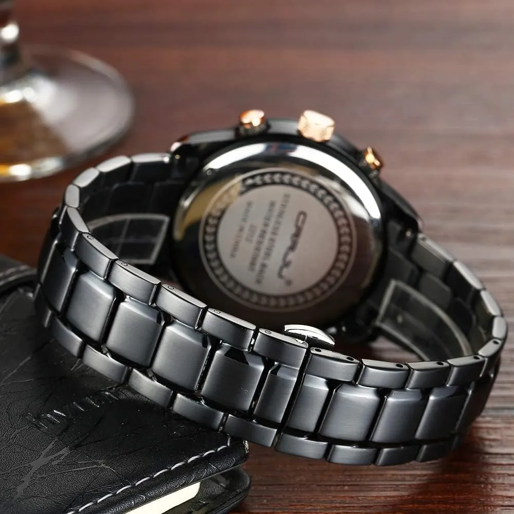 CRRJU Men's Business Casual Chronograph Quartz Waterproof Wristwatch Black Leather Strap