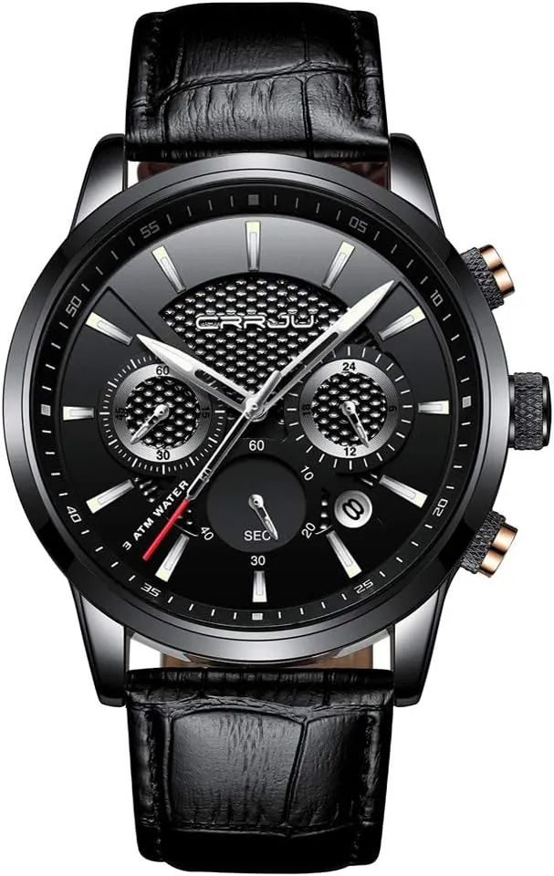 CRRJU Men's Business Casual Chronograph Quartz Waterproof Wristwatch Black Leather Strap