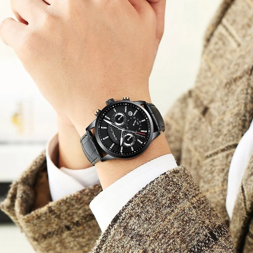 CRRJU Men's Business Casual Chronograph Quartz Waterproof Wristwatch Black Leather Strap
