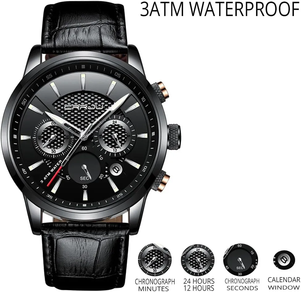 CRRJU Men's Business Casual Chronograph Quartz Waterproof Wristwatch Black Leather Strap