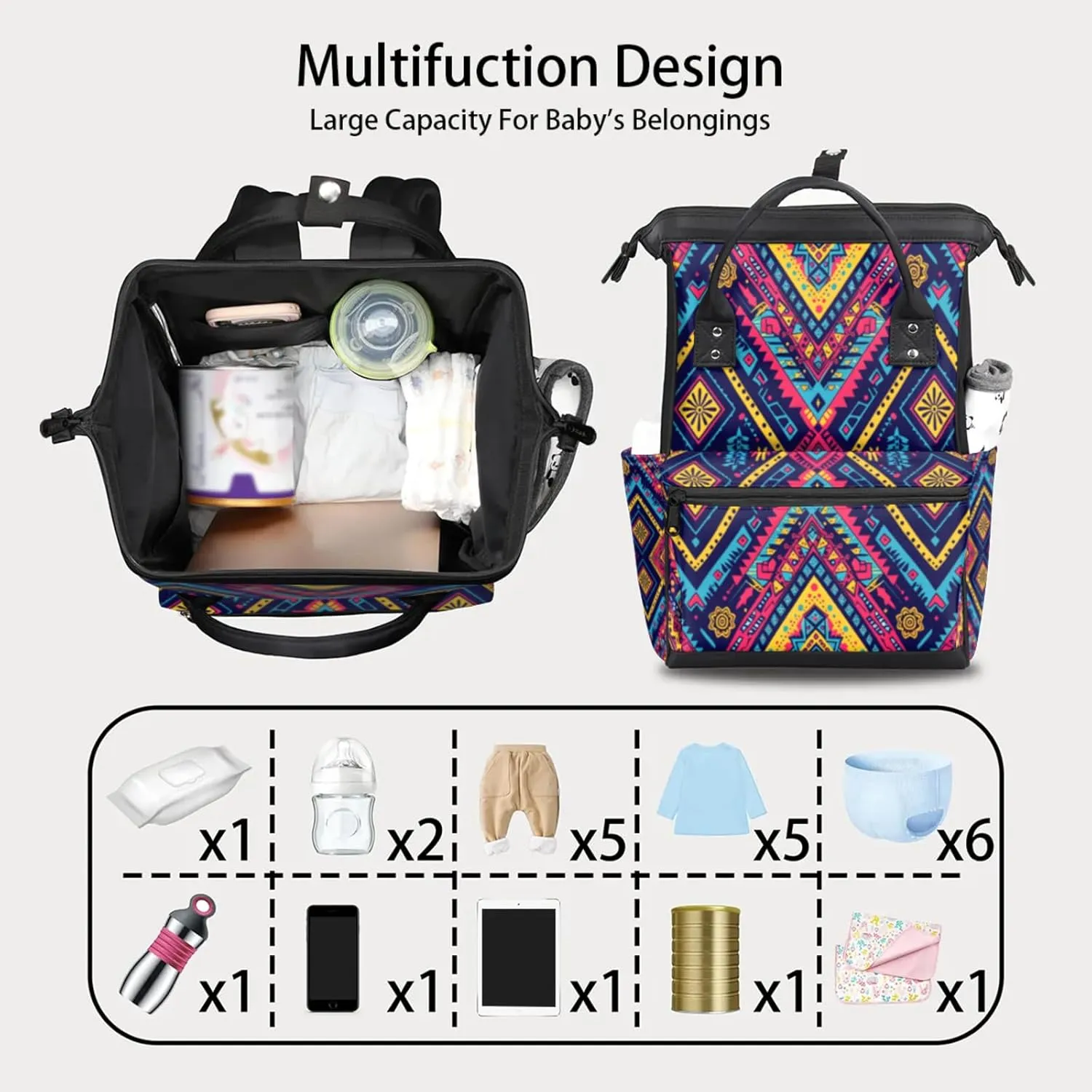 Cultural Pattern Fiesta Double Shoulder Mommy Bag for Women, Polyester Large Capacity Diaper Backpack with Multi Pockets, Waterproof Adjustable Straps Diaper Bag for Moms Dads, 11''×7''×15.7''