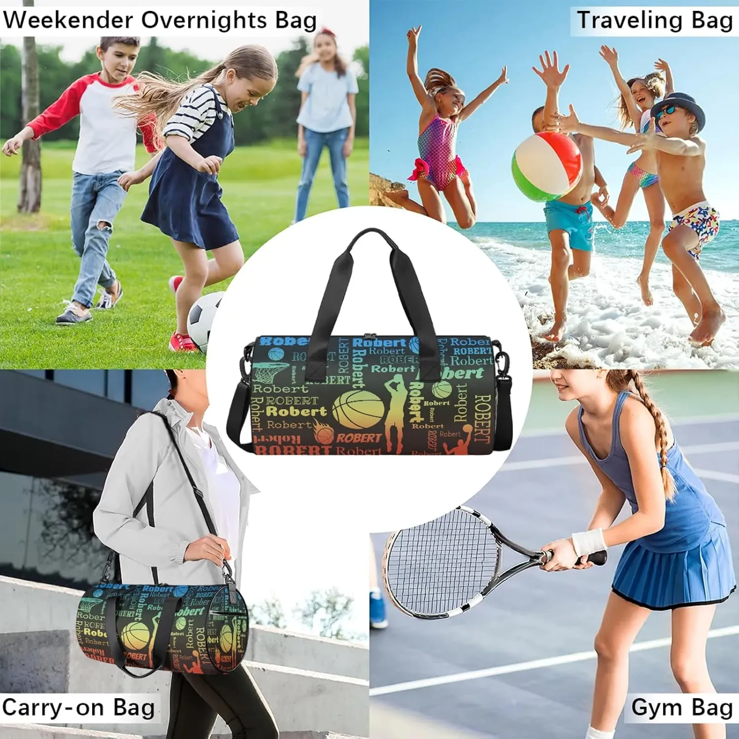Custom Basketball Sport Bags Personalized Sports Gym Bag with Name Overnight Weekender Duffel Bag Customized Gifts for Women Men, Blue Yellow Red