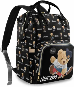 Custom Bear Diaper Bag Backpack for Baby Boy, Personalized Name Cute Cartoon Large Nappy Nursing Orangizer Mommy Bags, Waterproof Travel Daypack for Dad Mom Gifts
