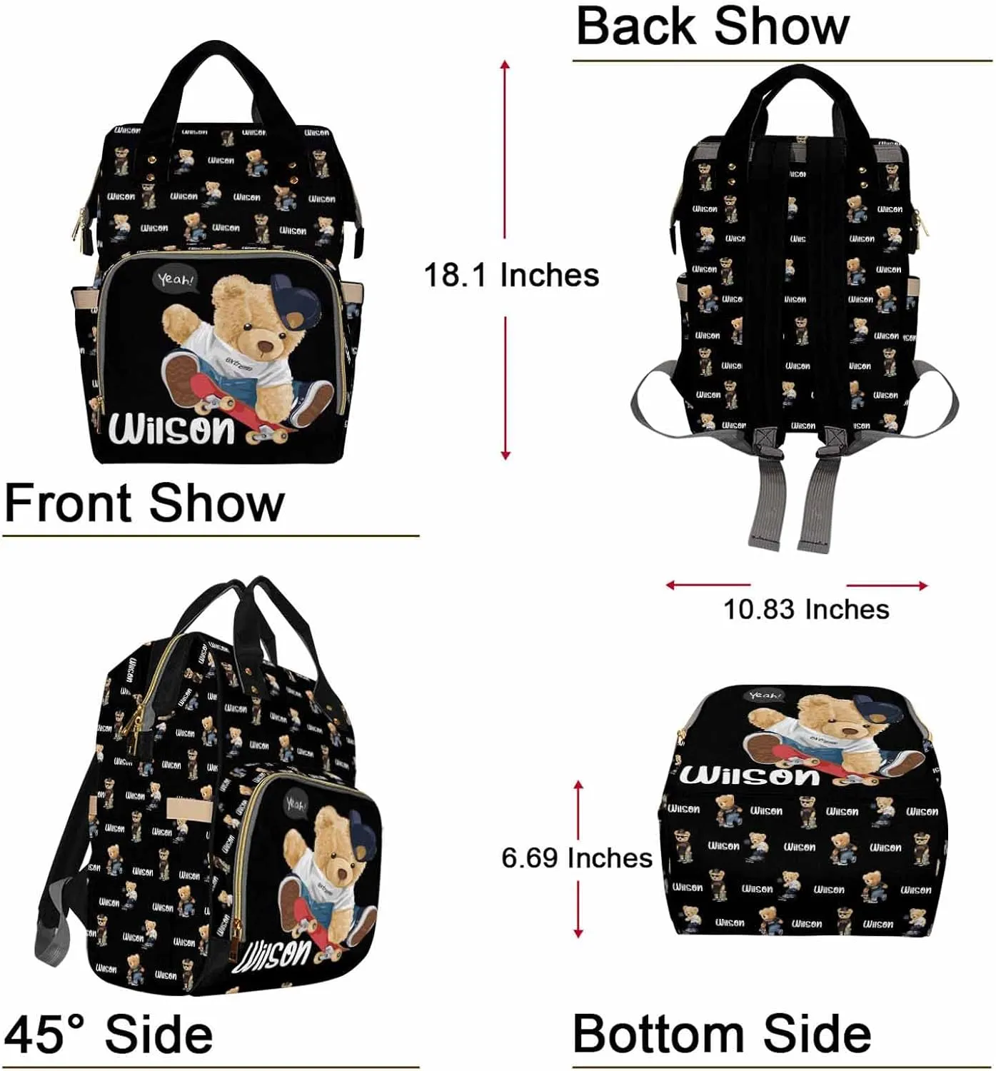 Custom Bear Diaper Bag Backpack for Baby Boy, Personalized Name Cute Cartoon Large Nappy Nursing Orangizer Mommy Bags, Waterproof Travel Daypack for Dad Mom Gifts