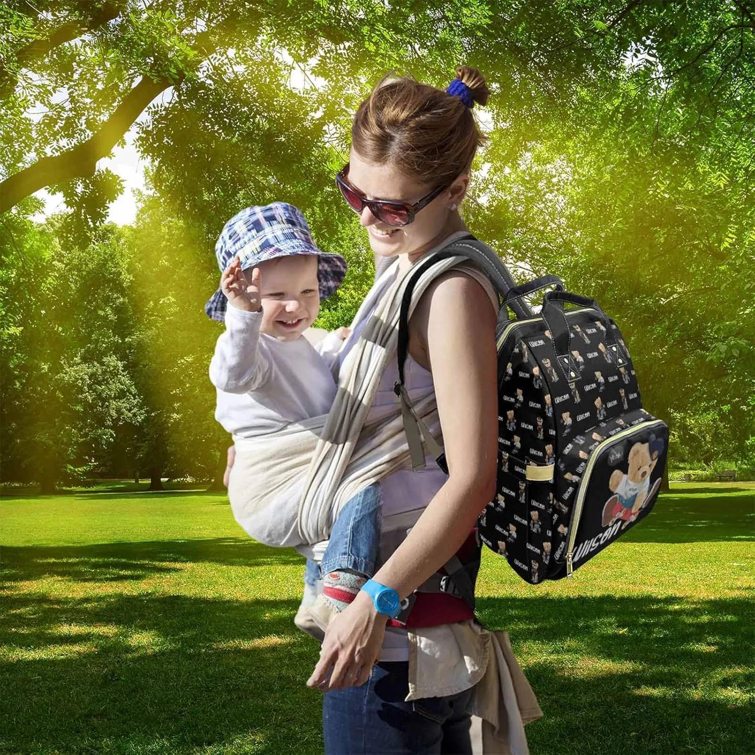 Custom Bear Diaper Bag Backpack for Baby Boy, Personalized Name Cute Cartoon Large Nappy Nursing Orangizer Mommy Bags, Waterproof Travel Daypack for Dad Mom Gifts