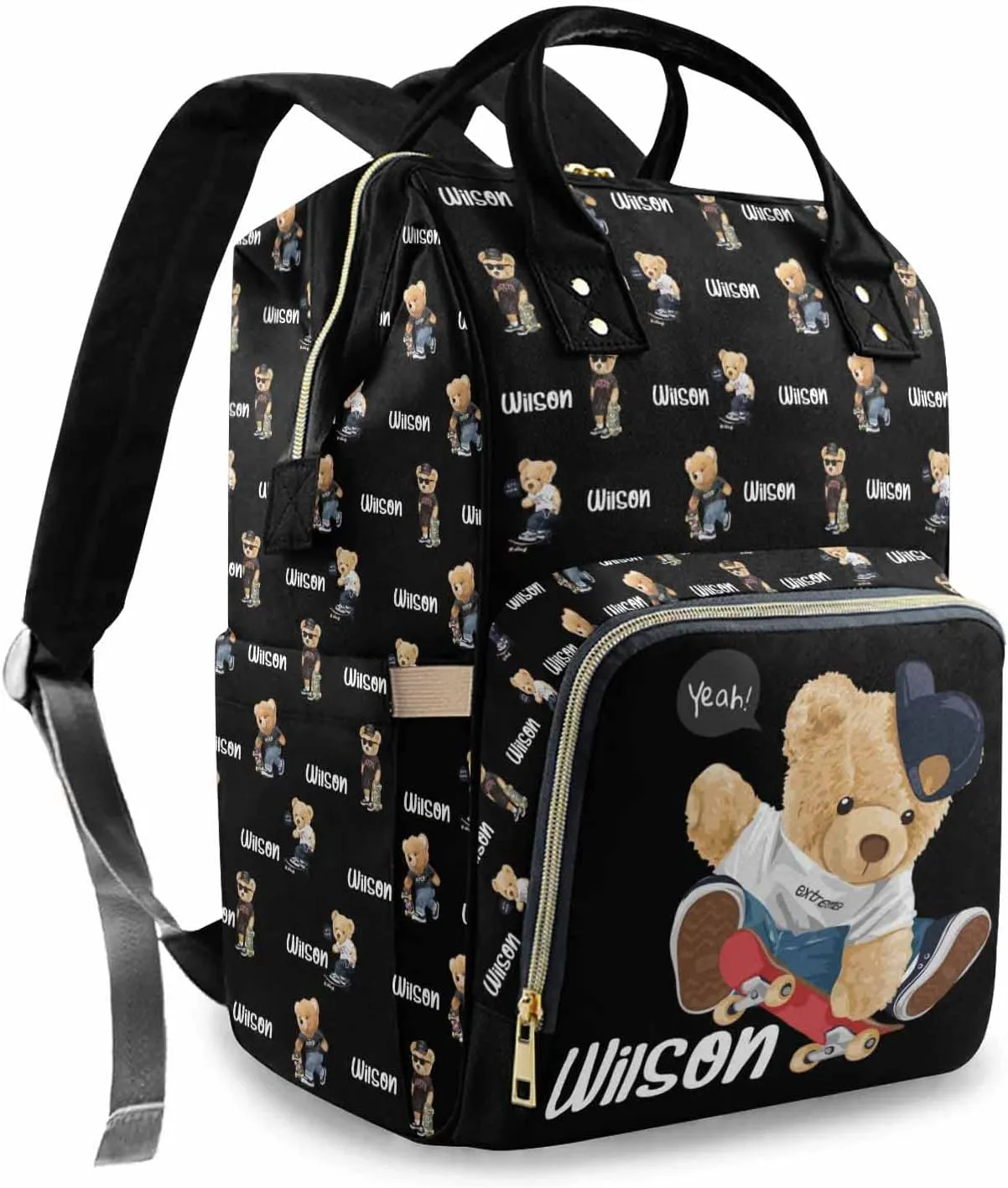 Custom Bear Diaper Bag Backpack for Baby Boy, Personalized Name Cute Cartoon Large Nappy Nursing Orangizer Mommy Bags, Waterproof Travel Daypack for Dad Mom Gifts