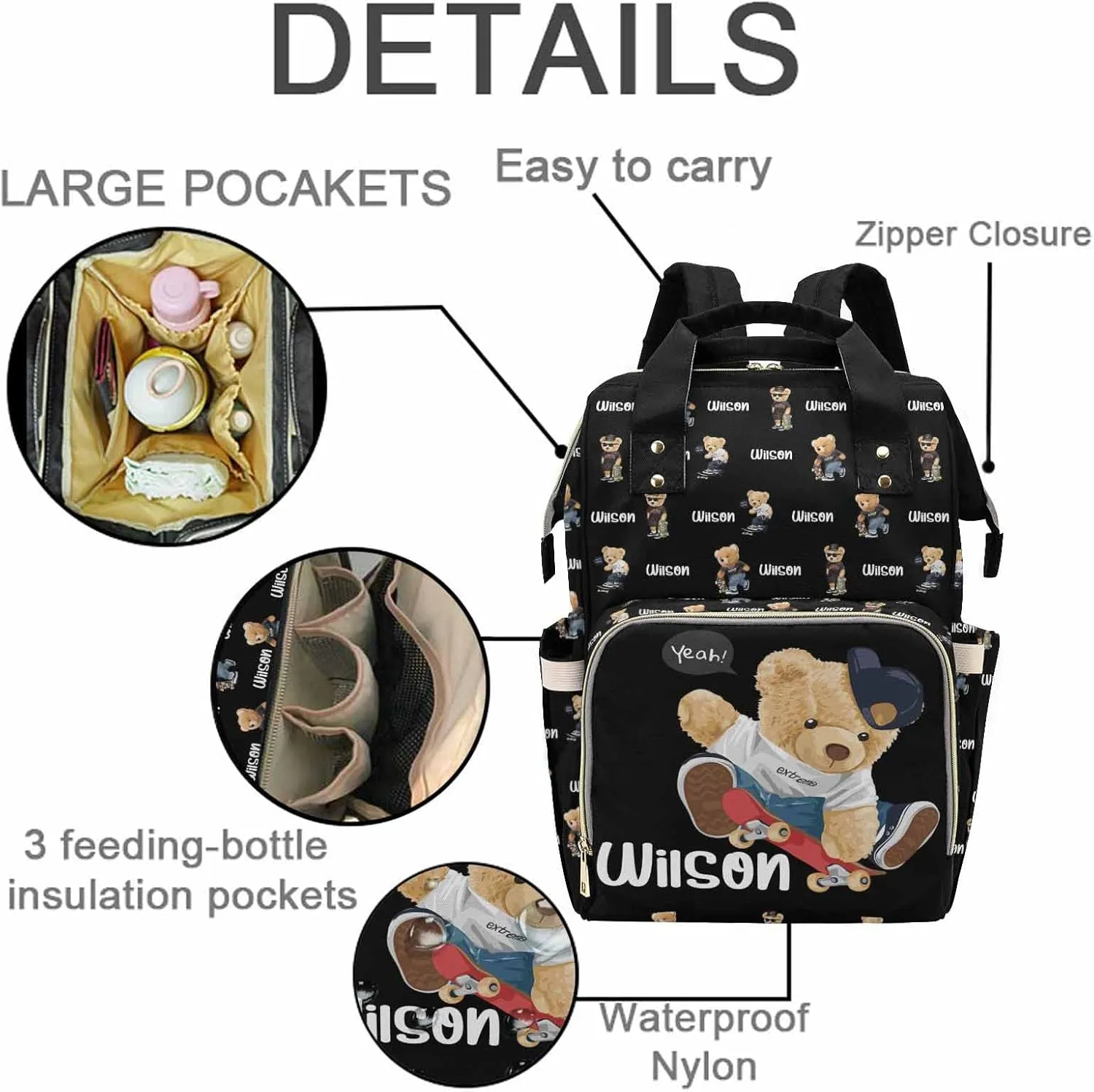 Custom Bear Diaper Bag Backpack for Baby Boy, Personalized Name Cute Cartoon Large Nappy Nursing Orangizer Mommy Bags, Waterproof Travel Daypack for Dad Mom Gifts