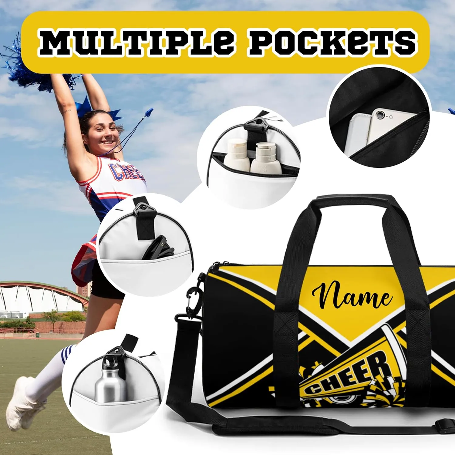 Custom Cheer Bags for Cheerleaders, Personalized Cheerleading Bag with Name Sports Duffle Bag Gym Travel Perform Training Bag (Gold)