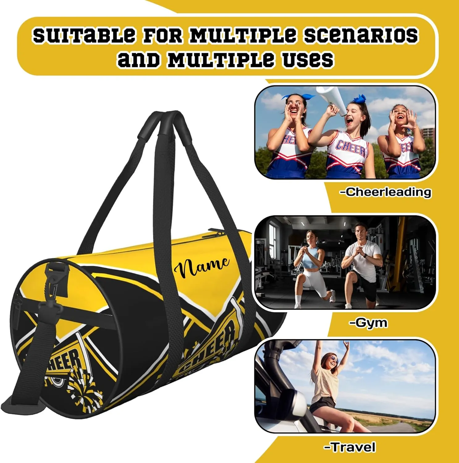 Custom Cheer Bags for Cheerleaders, Personalized Cheerleading Bag with Name Sports Duffle Bag Gym Travel Perform Training Bag (Gold)